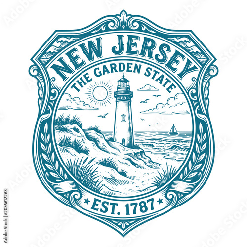 New Jersey Garden State Lighthouse Coastal Badge Illustration