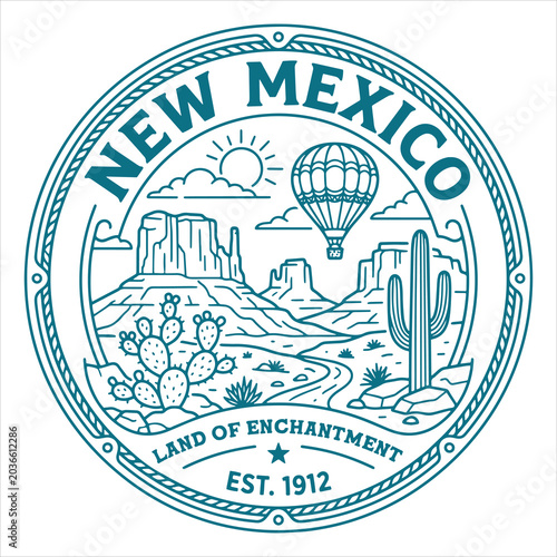 New Mexico Desert Landscape Badge with Hot Air Balloon Illustration