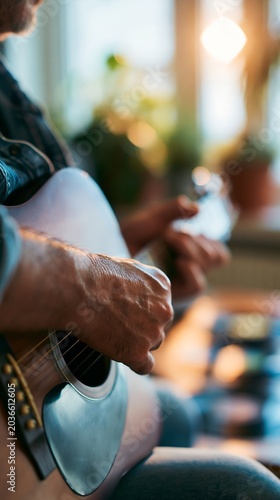 Close-up of musician's hands playing guitar near window with soft sunlight