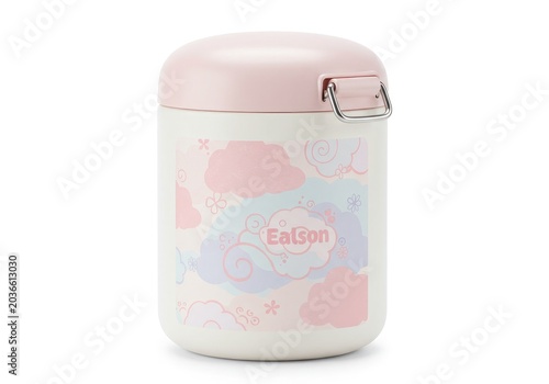 Pink and White Insulated Food Jar with Cute Cloud Pattern for Kids Lunch, Stainless Steel Thermal Soup Container Isolated on White
