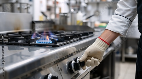 Close up of a chef turning on a gas stove in a commercial kitchen. Hand in protective glove igniting a burner with blue flames. Professional cooking equipment