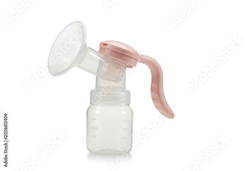Manual Breast Pump with Pink Handle and Clear Bottle Isolated on White Background for Motherhood and Baby Care