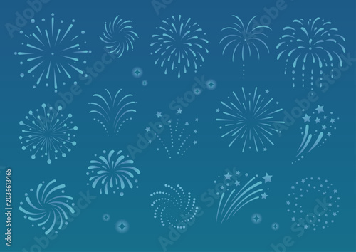 涼しげなブルー花火イラスト素材セット｜夏の背景・夜空デザイン向け