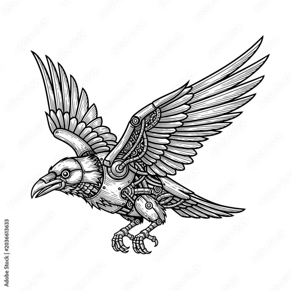 Fototapeta premium Mechanical Raven in Flight, Intricate Steampunk Bird Illustration