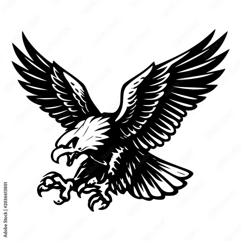 Fototapeta premium Eagle Attack Illustration: A powerful eagle, depicted in a dynamic black and white illustration, swoops down with talons extended, ready to strike with fierce determination and predatory instinct.