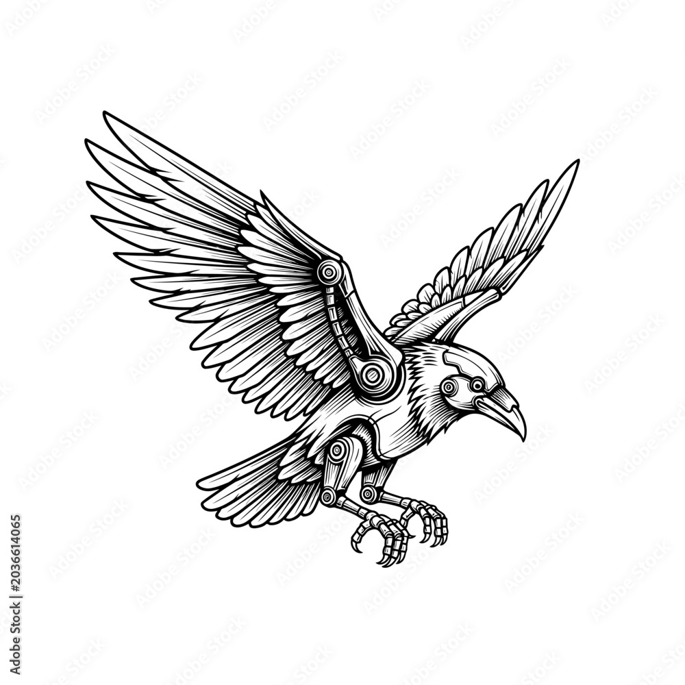 Fototapeta premium Intricate monochrome illustration of a majestic cybernetic raven, a captivating fusion of organic grace and mechanical power, poised in dynamic flight