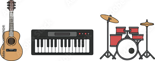Quadro su tela Musical instruments vector set with acoustic guitar digital piano synthesizer an
