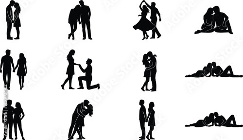 Fotografija Set of black silhouettes of romantic couples in various loving poses for relatio