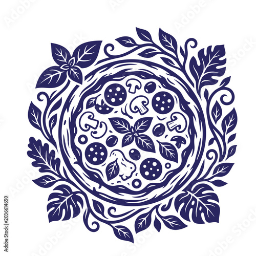 Round composition featuring a whole pizza with pepperoni mushrooms and olives surrounded by foliage pepperoni mushroom circular ornamental botanical illustration