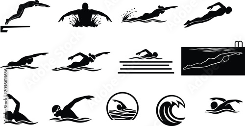 Tableau sur toile Swimming sports silhouettes, freestyle butterfly backstroke vector art, aquatic