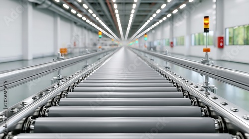 Long conveyor belt runs through industrial facility.