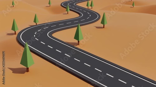Low Poly 3D Animation of Red Car Driving on Winding Desert Road With Sparse Trees
