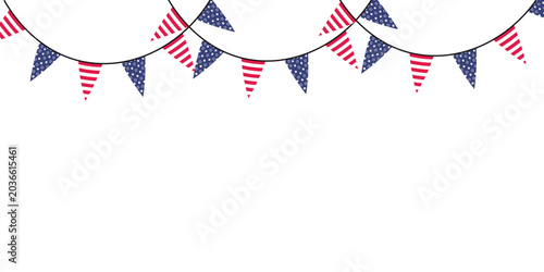 Patriotic USA Triangle Bunting Garland Border Isolated on Transparent Background