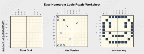 Photos Easy nonogram logic puzzle worksheet with blank grid, clue example and smile answer key
