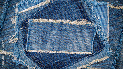 Принти на полотні Different pieces of denim fabric arranged in a circular pattern with frayed edge