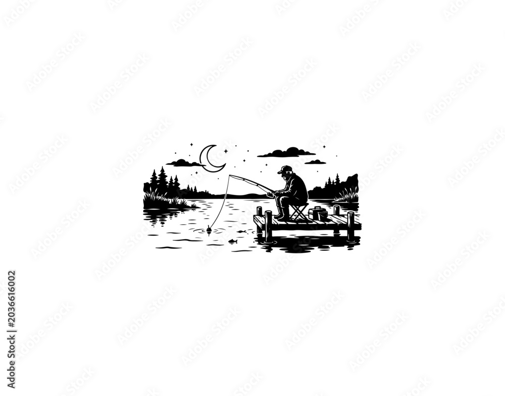 Obraz premium Moonlit fishing scene, black silhouette, night landscape, outdoor activity, vector illustration