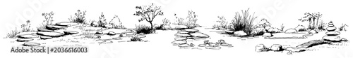 Foto Zen rock garden with stacked stones and natural pond plants in black and white l