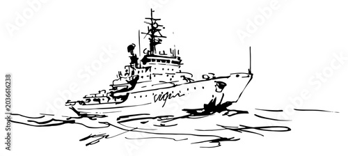 Fotografia Sea vessel sailing on ocean waves minimalist hand drawn sketch style