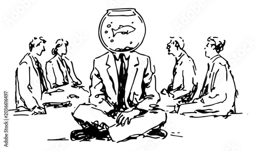 Obraz na płótnie Surreal businessman with a fishbowl head sitting in a group meeting minimalist s