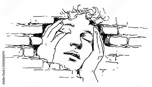 Photos Human face emerging from brick wall with hands on temples in hand drawn sketch s