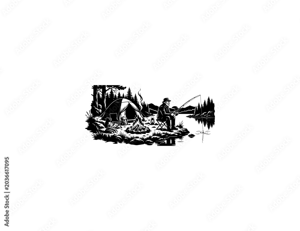 Fototapeta premium Vintage fishing scene, black and white illustration, outdoor activity, vector graphic