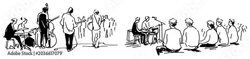 Konstfotografi Music band performing live on stage for audience in minimalist sketch style