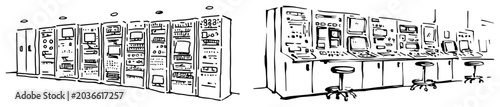 Fotografie Control room with server racks and industrial consoles in hand drawn sketch styl