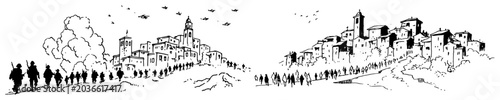 Foto Soldiers marching towards a historic hilltop village in wide horizontal line art
