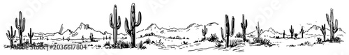 Photos Desert landscape with saguaro cacti and rocky mountains in hand drawn sketch sty