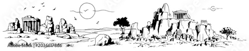 Photos Ancient temple ruins and columns on rocky landscape in hand drawn ink sketch sty