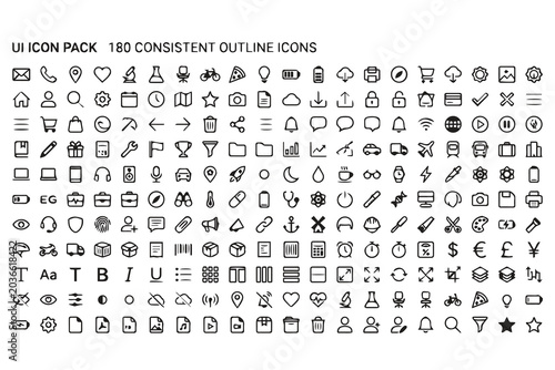 Obraz na plátne Comprehensive icon pack of one hundred consistent outline icons with minimalist