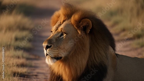 Close Up Portrait of a Majestic Male Lion Looking Upwards During Golden Hour Sunlight
