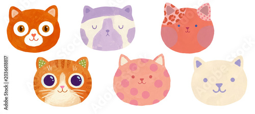 Set of Cute Cartoon Cat Faces Kawaii Illustration, PNG Transparent Background