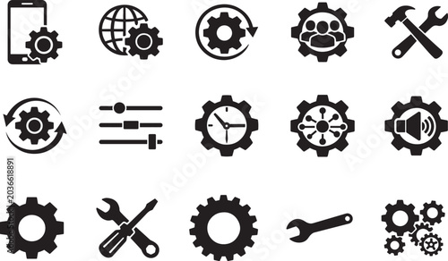 Bild auf Leinwand Settings gear icon set with mechanism, update, technique and maintenance vector