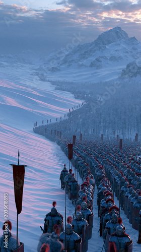 Massive Roman legions march through snowy terrain in a dramatic winter scene