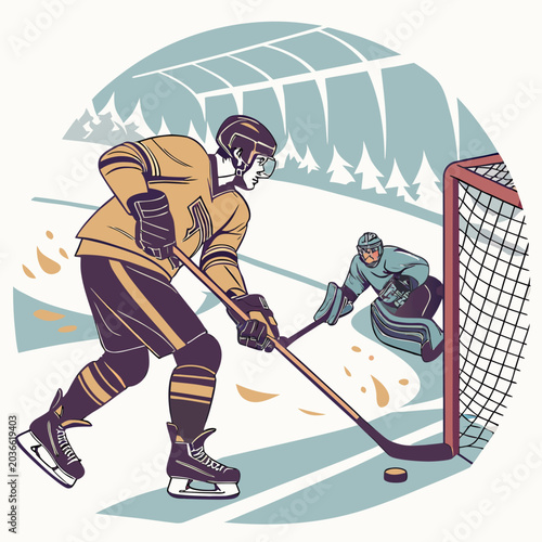 Photography Ice hockey player attacking goalie at goal net illustration with competition