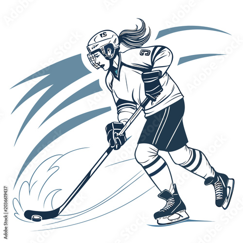 Photography Female ice hockey player skating with a puck graphic illustration, competition