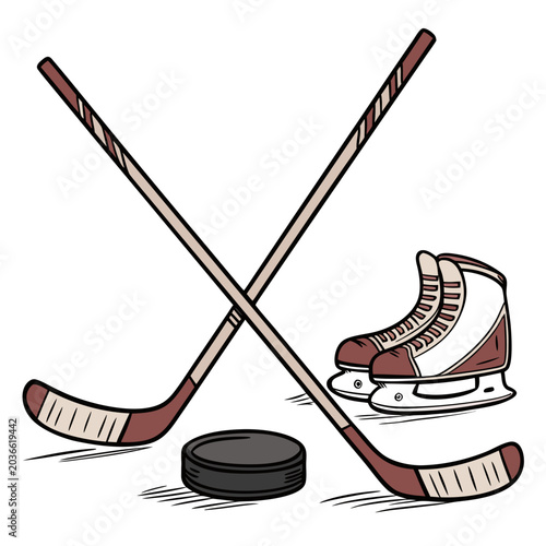 Photography Crossed ice hockey sticks and skates with puck illustration equipment athletic