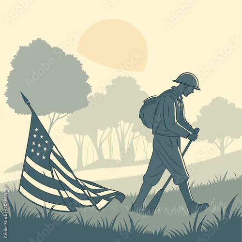 Cuadro en lienzo Silhouette of a soldier walking in a field at sunset with an american flag