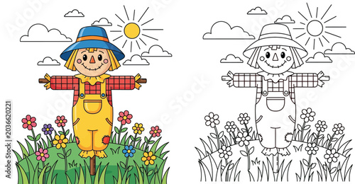 Cute Cartoon Scarecrow in Flower Garden Coloring Page Illustration with Colored Version and Line Art for Kids Activities, Autumn Fall Theme Vector Art