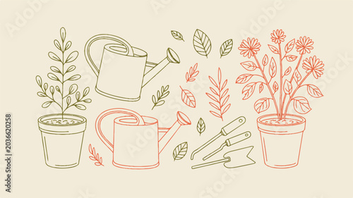 line drawing of potted plants and gardening tools on beige background