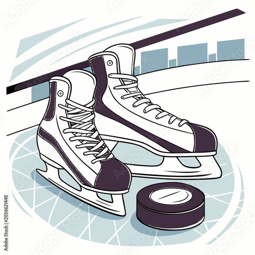 Photography Pair of professional ice hockey skates and puck on arena ice with equipment