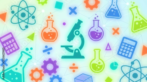 Colorful science education pattern with laboratory chemistry physics and research icons on bright background