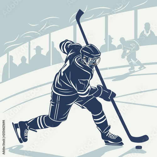 Canvas Print Ice hockey forward player shooting puck on rink graphic illustration