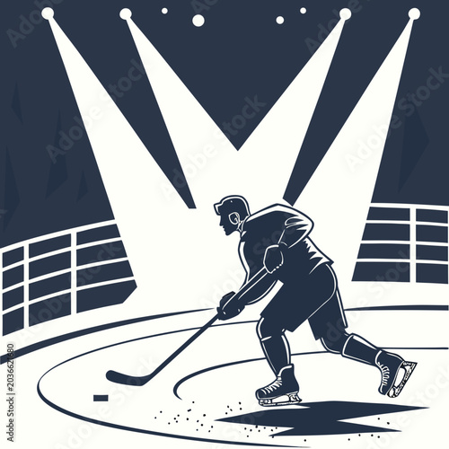 Canvas Print Ice hockey player controlling the puck on rink under bright stadium spotlights
