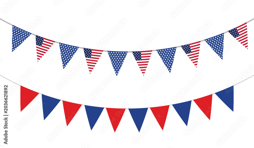 Obraz premium Patriotic USA Flag Bunting Banner Vector Set – Red Blue Pennant Garland Decoration for Independence Day Celebration EPS