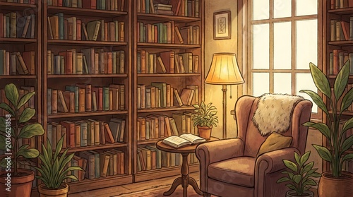 Cozy Home Library Illustration with Wooden Bookshelves Armchair Floor Lamp and Indoor Plants by Window
