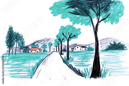 Countryside scene with houses and trees drawn with crayon rural landscape vector illustration