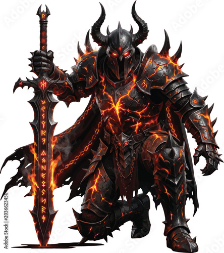 Dark Fantasy Warrior Holding Fiery Battle Axe in Fierce Combat Stance