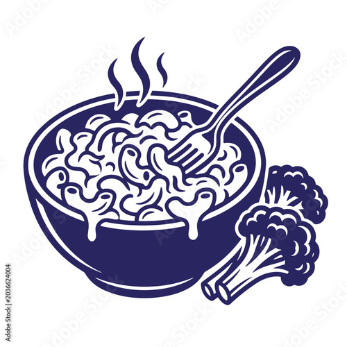 Steaming bowl of macaroni and cheese with fresh broccoli florets illustration macaroni broccoli steaming vegetable illustration delicious monochrome nutrition